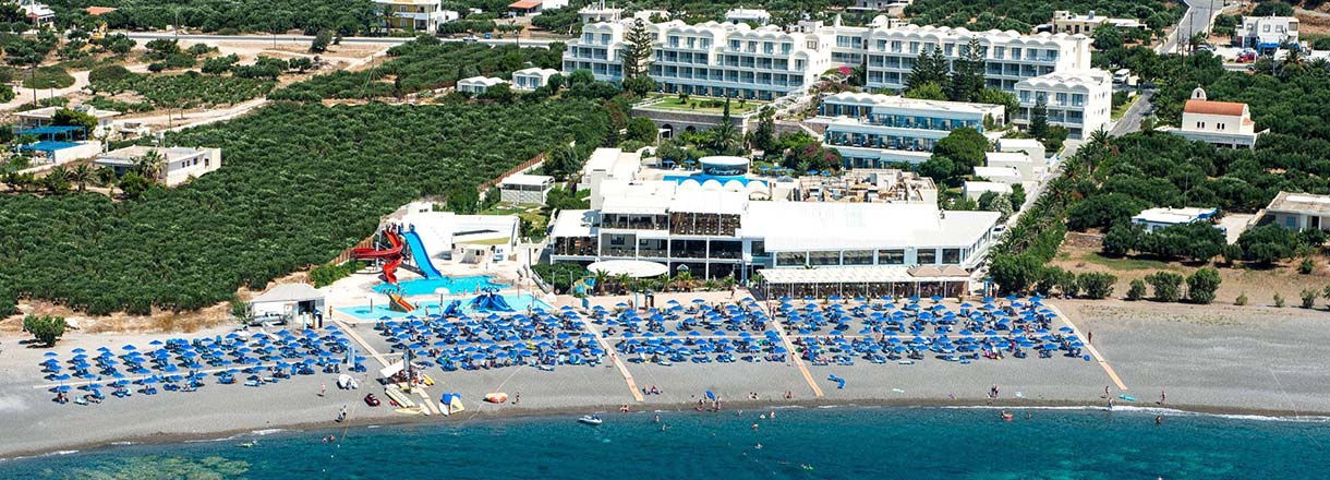 Mare Blue Crete Hotel beachfront in Koutsounari with umbrellas and pools near Ierapetra Crete